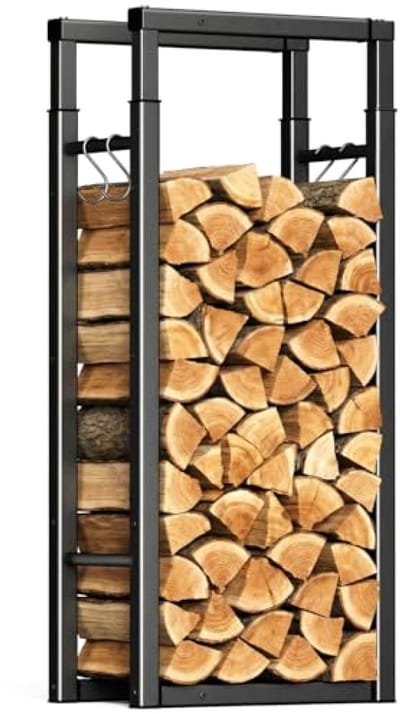 Haardhoutrek Uitschuifbaar - Verstelbaar Houtopslag Rek - Stalen Constructie met 4 Ophanghaken - 40-65 x 25 x 100-150 cm Zwart