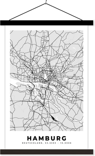Posterhanger incl. Poster 40x60 cm - Schoolplaat - Plattegrond - Duitsland - Hamburg - Kaart - Stadskaart - Textielposter - Zwarte latten - Stadskaart