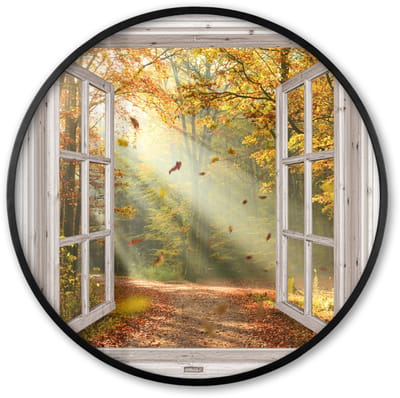 Poster in lijst Rond - Fotolijst 60x60 cm - Posters - Bos - Bomen - Herfst - Zon - Herfstbladeren - Natuur - Doorkijk - Ronde posterlijst zwart - Decoratie - Wanddecoratie woonkamer - Muurdecoratie slaapkamer