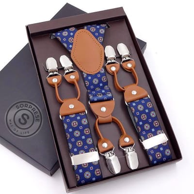 Sorprese - Luxe Chique Bretels - Koningsblauw Medaillon - Cognac Leer - 6 Stevige Clips - Bretels Heren Volwassenen - Inclusief Cadeaudoos