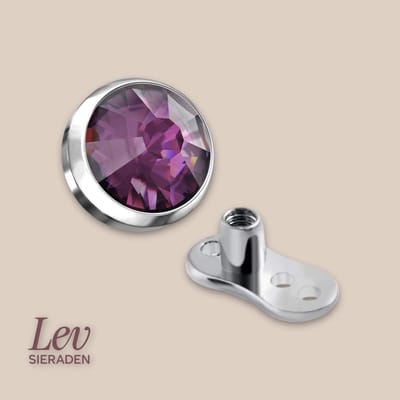 Lev Sieraden - Titanium Dermal anchor 5mm top - Amethist kleurige Zirkonia - Internally threated - Silver - Piercing - Dermal anchor piercing - Zilver - Paarse steen - Purple Zirkonia