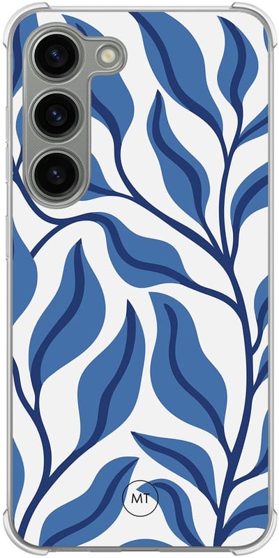 Hoesje (shockproof) geschikt voor Samsung Galaxy S23 - Blue leaves - Extra sterke case - TPU/polycarbonaat - Print - Blauw, Transparant
