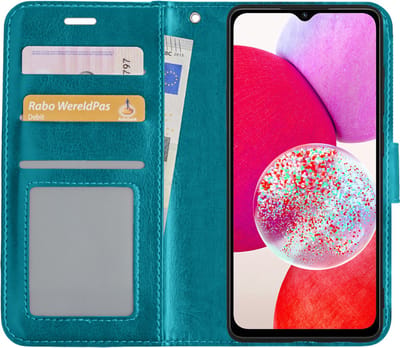 Hoesje - Met Pasjeshouder - Geschikt voor Samsung Galaxy A14 - Luxe Bookcase Portemonee - Flip Case - Kunstleer Book Case - Flipcase - Book Cover - Walletcase - Portemonneehoes - Turquoise