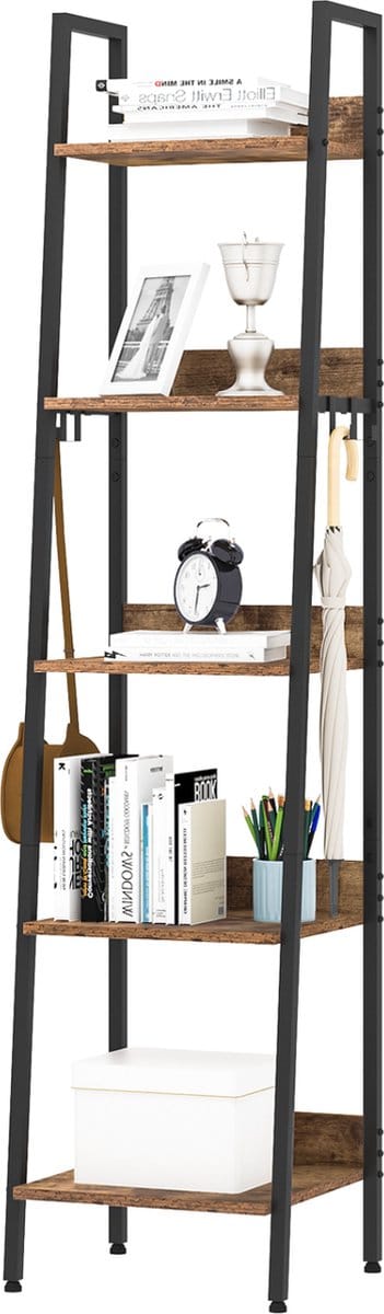 Happyment Boekenkast Tida - 5 lagen - Zwart - Marble look - Boekenrek - Woonkamer, slaapkamer en kinderkamer - Hout - Metaal - 40 x 36 x 170 cm - inclusief 4 haken