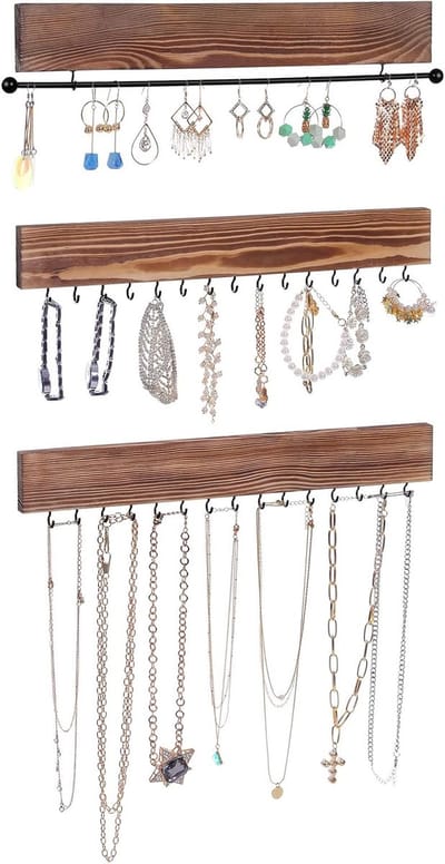 Famanu – Sieraden organizer set van 3, wandplanken met haken voor armbanden en kettingen, vintage look, donkerbruin