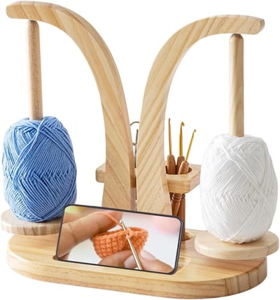 Multifunctionele houten draadhouder voor breien, wolroller en telefoonhouder, ideaal voor breiaccessoires en geschenken, houtkleur