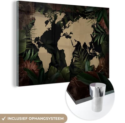 ® Glasschilderij 120x80 cm - Schilderij acrylglas - Wereldkaart - Bladeren - Bloemen - Foto op glas - Muurdecoratie woonkamer - Wanddecoratie slaapkamer - Schilderijen
