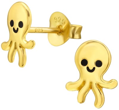 Joy|S - Zilveren octopus oorbellen - 6 x 8 mm - oorknoppen - gold plated - kinderoorbellen - goudkleur