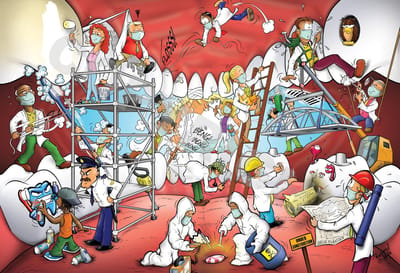 POSTER Cartoon - Tandarts, Mondhygiënist, Orthodontist - Tandwerkzaamheden - 42 x 59,4 cm (A2) door Roland Hols
