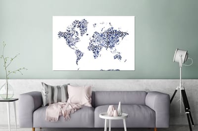 Aluminium schilderij 180x120 cm - Wanddecoratie metaal - Wereldkaart - Delfts Blauw - Wit - Metalen muurdecoratie woonkamer - Decoratie industrieel - Foto op dibond - Industriële accessoires slaapkamer