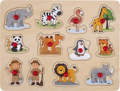 Knop puzzel “Dierentuin” klein – 12 stukjes – Houten kinder puzzel met grote knoppen – Engelhart