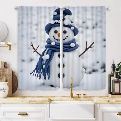 2 pièces HD Noël Bonhomme de neige bleu rideau décoratif Attache blanche rideau imprimé numérique Style Décoration Décoration salon r W52H63inchW132H160cm gray