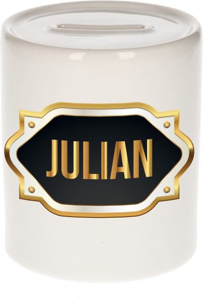 Spaarpot met voornaam Julian - wit - met goud/zwart embleem - 8 x 9 cm - keramiek - met afsluitdop - cadeau verjaardag