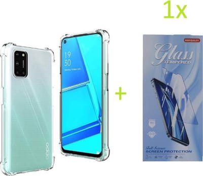 Hoesje Geschikt voor: Oppo A52 / A72 / A92 - Anti Shock Silicone Bumper - Transparant + 1X Tempered Glass Screenprotector