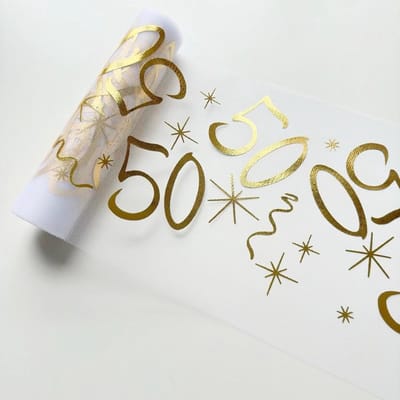 Tafelloper voor 50e verjaardag, 28 cm x 15 m, goudkleurige tafeldecoratie op maat te snijden, universeel voor dames en heren (50 jaar)