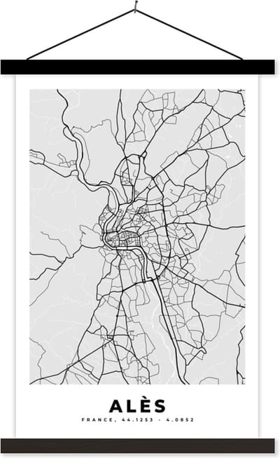 Posterhanger incl. Poster 40x60 cm - Schoolplaat - Kaart – Stadskaart – Alès - Plattegrond – Frankrijk - Textielposter - Zwarte latten - Stadskaart