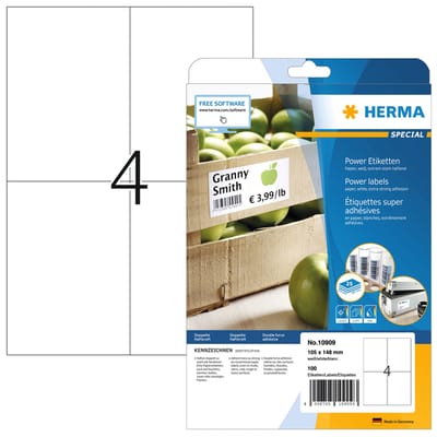 Herma 10909 Zelfklevende etiketten 105 x 148 mm Papier Wit 100 stuk(s) Permanent hechtend Inkjet, Laser (zwart/wit), Laser (kleur), Kopiëren
