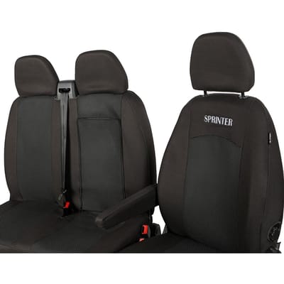 Op maat gemaakte Stoelhoezen Set - Geschikt voor Mercedes Sprinter W907 / W910 vanaf 2018 - 3-persoons (2+1) - Hoogwaardige Bekledingsstof - Antraciet/Zwart