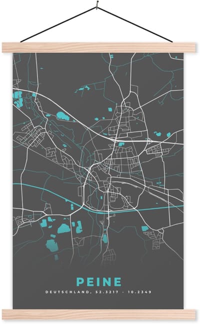 Posterhanger incl. Poster 40x60 cm - Schoolplaat - Peine – Stadskaart – Blauw – Plattegrond – Stadskaart – Kaart - Duitsland - Textielposter - Blanke latten - Stadskaart