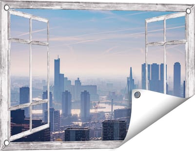 Gards Tuinposter Doorkijk Rotterdamse Skyline - 60x40 cm - Tuindoek - Tuindecoratie - Wanddecoratie buiten - Tuinschilderij