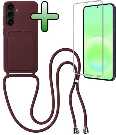 Hoes Geschikt voor Samsung A57 Hoesje Met Koord Met Screenprotector - Telefoonhoesje Geschikt voor Samsung Galaxy A57 Backcover Met Afneembaar Koord - Aubergine