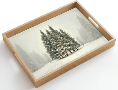 Dienblad hout 50x35 cm - Schootdienblad - Bomen - Sneeuw - Wit - Borrelplank rechthoek - Plateau dienbladen