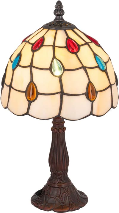 Tiffany tafellamp klassiek - Crème - Ø 20 cm - Glas in lood - Warm licht - Gekleurde glasjuweeltjes | RORUVERA