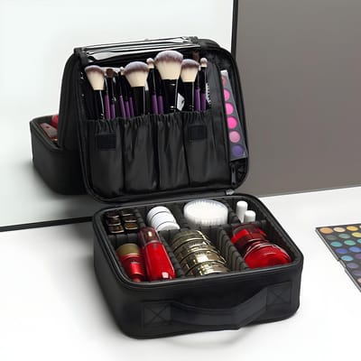Dailygoods- Make-uptas Draagbaar - Organizer met Vakken - Toilettas - Cosmetica Organizer - Zwart - Multifunctionele Scheidingswand - Cosmetic Organizer