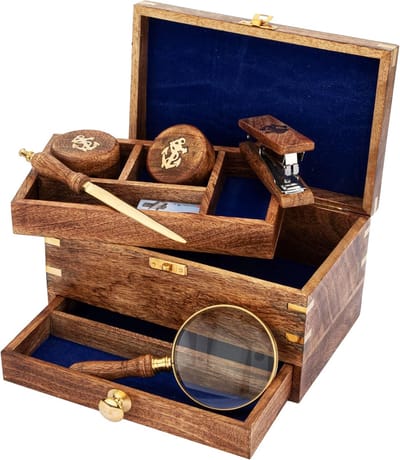 Bureauset Houten Doos - Schrijftafel Organizer - Kantoor Decoratie - Nautische Stijl - 22x14x12cm - Goud