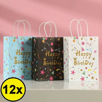 12 STUKS MIX Happy Birthday Traktatie Uitdeel papieren zakjes met Handvat - Verjaardag - Tasjes voor Uitdeelcadeautjes - Kinderfeestje
