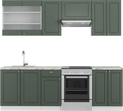 Vicco Fame-Line Complete keukeneenheid – 240 cm, WB Marmer Groen-Goud Landhuis/Wit