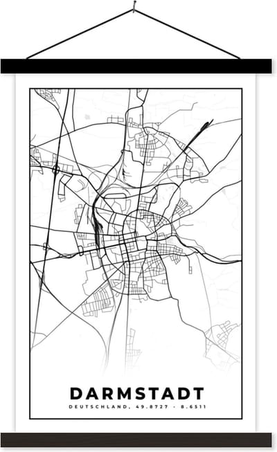 Posterhanger incl. Poster 40x60 cm - Schoolplaat - Kaart - Darmstadt - Stadskaart - Plattegrond - Textielposter - Zwarte latten - Stadskaart