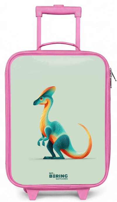 NoBoringSuitcases.com® - Kinderkoffer roze - Kindertrolley meisje - Elegante dino met kam - Koffer kind lichtgewicht - Reiskoffer trolley voor kinderen - Koffertje met lichtgevende wieltjes - Rolkoffer