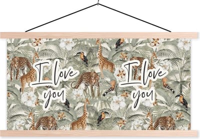 Posterhanger incl. Poster 120x60 cm - Schoolplaat - I love you - Quotes - Spreuken - Liefde - Textielposter - Blanke latten