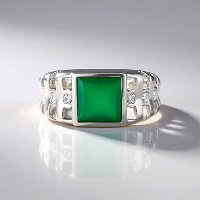Cavill - Zilveren ring met Groene Onyx 2 027 ct en Cambodjaanse Zirkonen 0 257 ct - 925 Sterling Zilver Geplatineerd - Elegant Open Raster Design