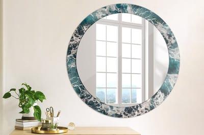 Wallfluent Bedrukte Ronde Spiegel - Ronde Wandspiegel Met Print Stormachtige Zee - 80 cm / 66 cm - Blauw - Blauw Ronde Wandspiegel Decoratieve Print - Slaapkamerspiegel - Badkamerspiegel - Gang - Kleedkamer - Top Kwaliteit