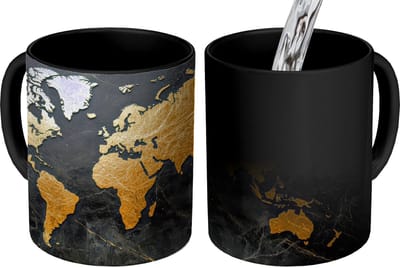 Magische Mok - Foto op Warmte Mokken - Koffiemok - Wereldkaart - Goud - Marmer print - Magic Mok - Beker - 350 ML - Theemok