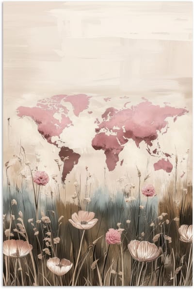 Poster 120x180 cm - Wereldkaart - Roze - Bloemen - Posters - Kamer decoratie - Wanddecoratie woonkamer - Muurdecoratie slaapkamer XXL