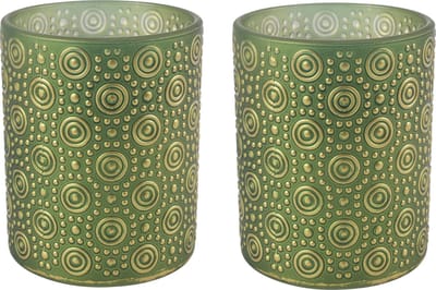 Countryfield Luxe theelichthouder - 2x stuks - Fantasy - glas - olijfgroen/goud - D10 x H12 cm