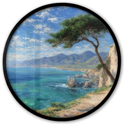 Poster in lijst Rond - Fotolijst 40x40 cm - Posters - Rotsen - Kustlijn - Boom - Bergen - Ronde posterlijst zwart - Decoratie - Wanddecoratie woonkamer - Muurdecoratie slaapkamer