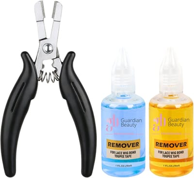 Guardian Beauty Pruikentape Remover Set - For Lace Wig Bond and Toupee Tape - Blauw, Geel - 2 stuks - 30ml - Met Microringen Tang - Haar Extensions