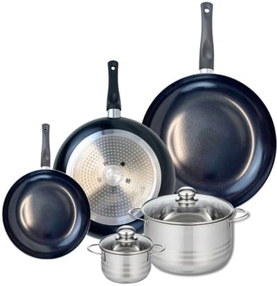Set van 3 Kookpannen 20, 28 en 32 cm en 2 braadpannen 12 en 20 cm Elo Prima Glanzend