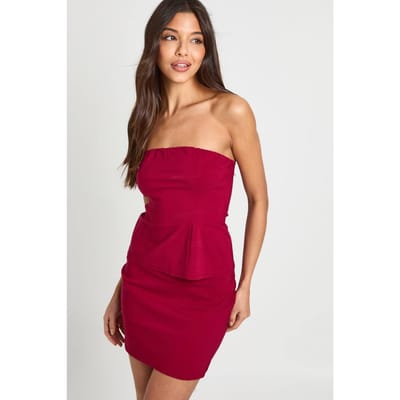 boohoo Dames Bengaline Bandeau Longline Top en Rok Co-ord | Burgundy | Maat: 10