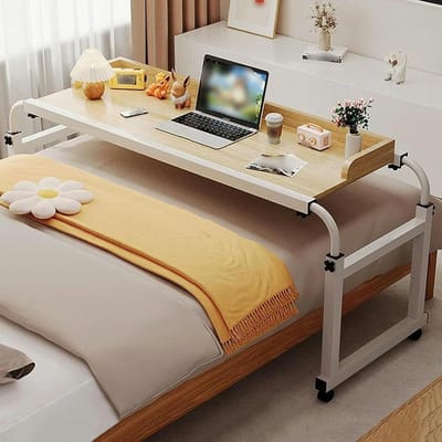 Bedtafel met wielen - Laptoptafel nachtkastje - Werken en eten - In hoogte verstelbaar - 115x45 cm - Houtkleur