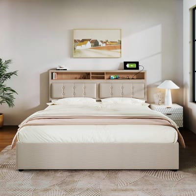 VVBV Gestoffeerd Opbergbed 140x200 cm - USB & Stopcontact, Opbergruimte en Lattenbodem, Hoofdbord - Linnen - Zonder Matras