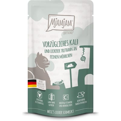 12x125g MjAMjAM Quetschie Kalf & Kalkoen nat kattenvoer