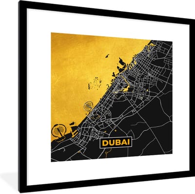 Fotolijst incl. Poster - Dubai - Goud - Stadskaart - Plattegrond - Kaart - 40x40 cm - Posterlijst