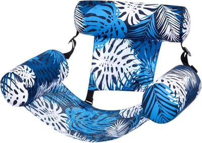 Zwemband voor volwassenen - Opblaasbare ligstoel - Opvouwbare rugleuning - Drijvende hangmat met plantenmotief - Opblaasbare waterstoel met noedelvlot - Perfect voor een zomers water- en strandfeest - Blauw
