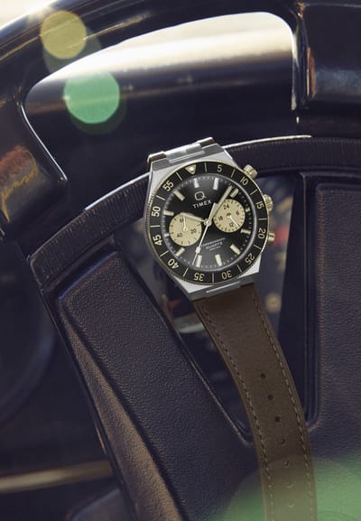 Timex Q Timex Continental Chronograph Quartz Chronograaf Horloge Bruin En Zilverkleurig Kast Gemaakt Van 100% Roestvrij Staal En Een Armband Van 100% Leer 40 TW2Y56000AJ