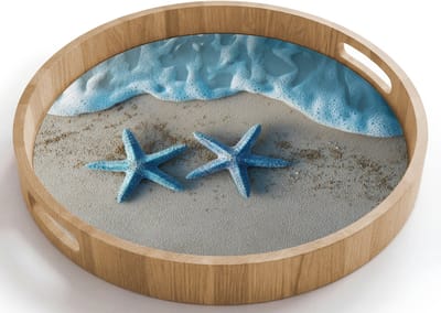 Dienblad rond 40x40 cm - Schootdienblad hout - Zeesterren - Zand - Zee - Blauw - Borrelplank rechthoek - Plateau houten dienbladen